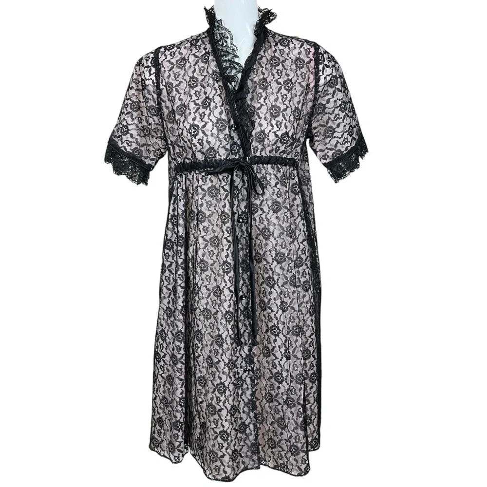 Union Made Fashions by Marilyn Pink with Black Lace Overlay Belted Robe Small